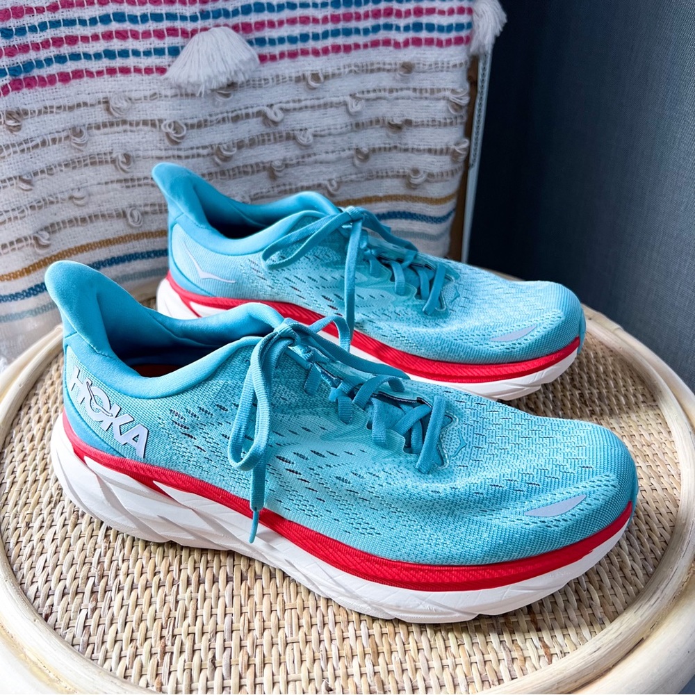 Hoka One One Clifton 8 Real Teal Aquarelle Road-Running Sneakers 9.5 Wide
